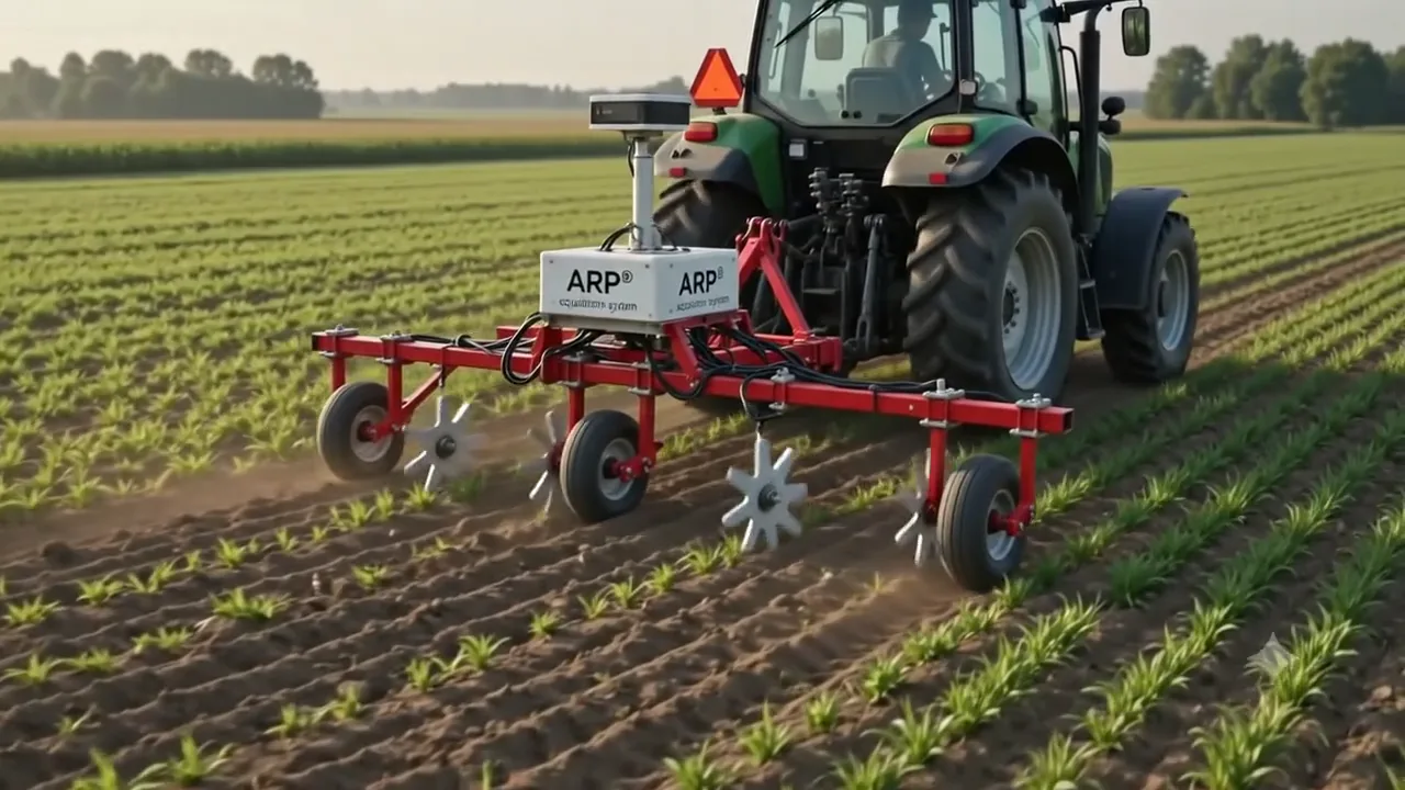 Tracteur tractant le dispositif ARP® dans un champ de jeunes cultures.