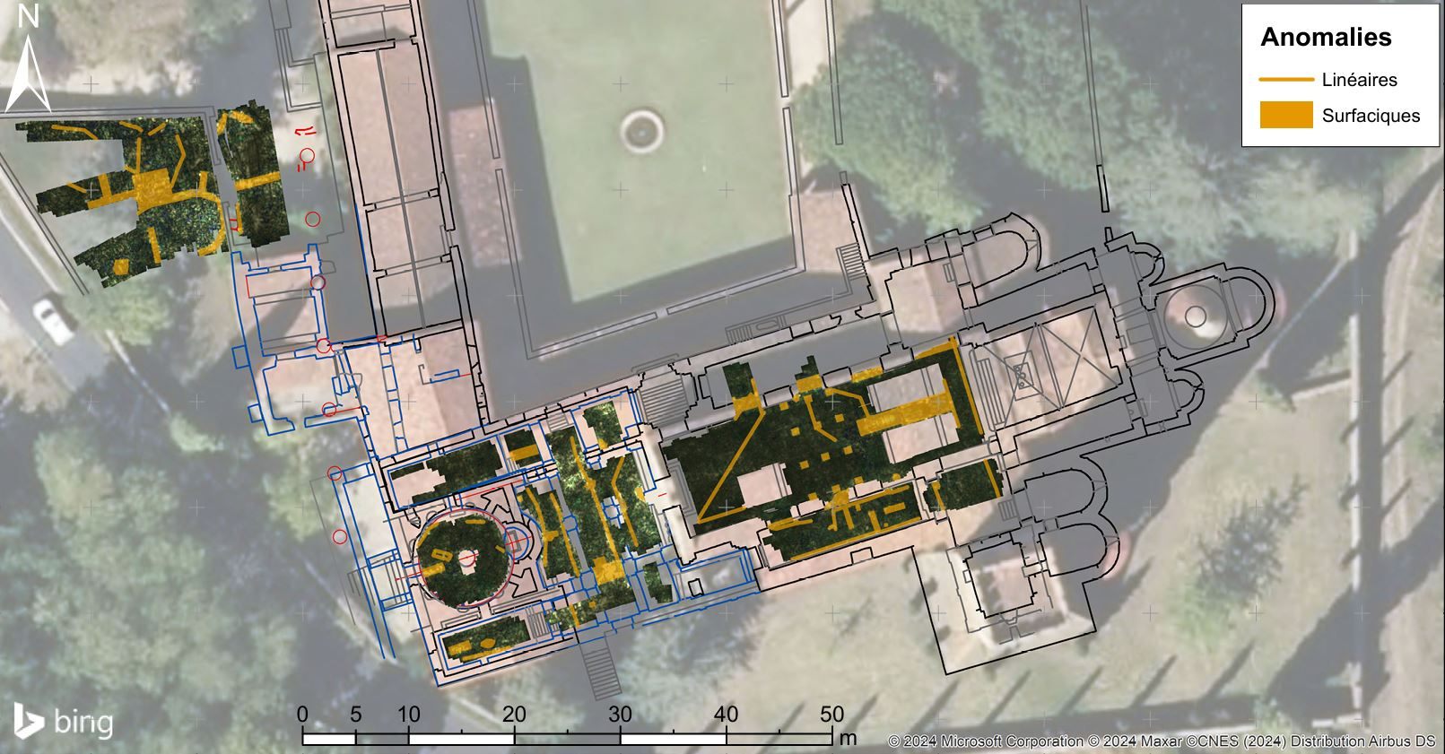 Plan du site avec anomalies linéaires et surfaciques.