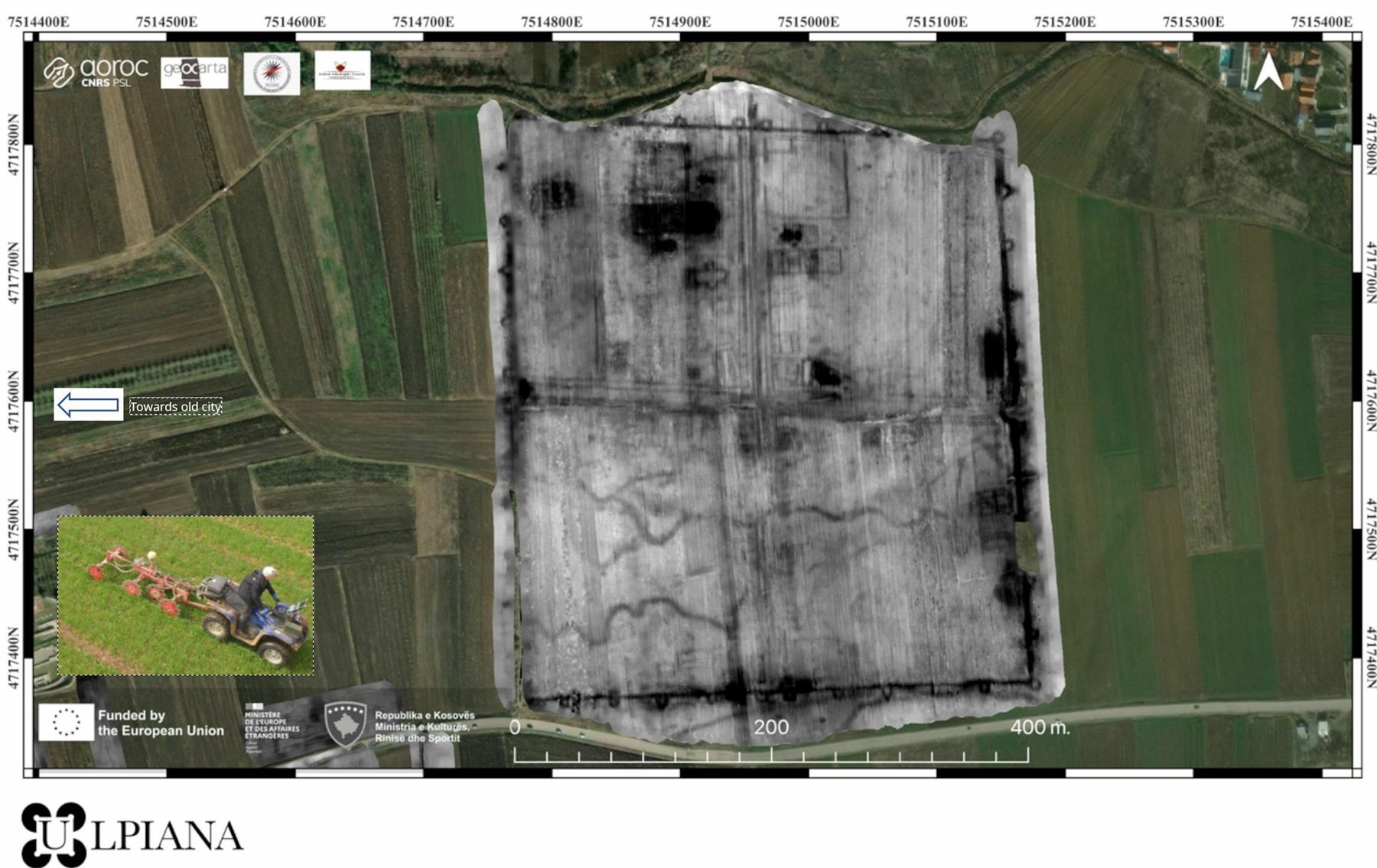 Carte géophysique du site d’Ulpiana, anomalies superposées à la vue aérienne.